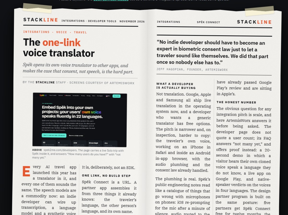 Stackline magazine spread: The one-link voice translator