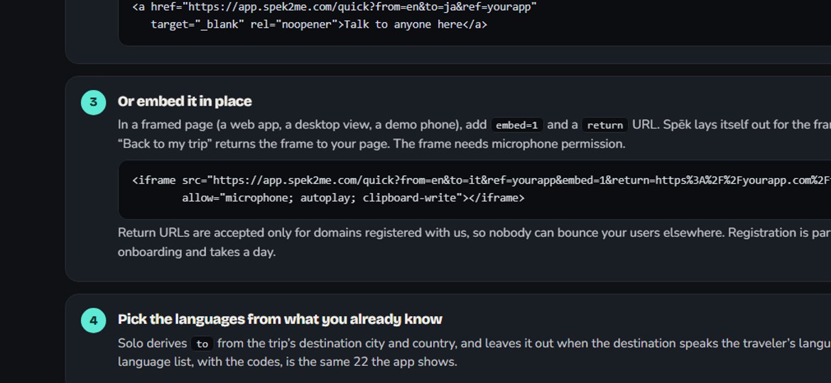 The Spēk Connect section of the developer page: build the link, open it, or embed it in place