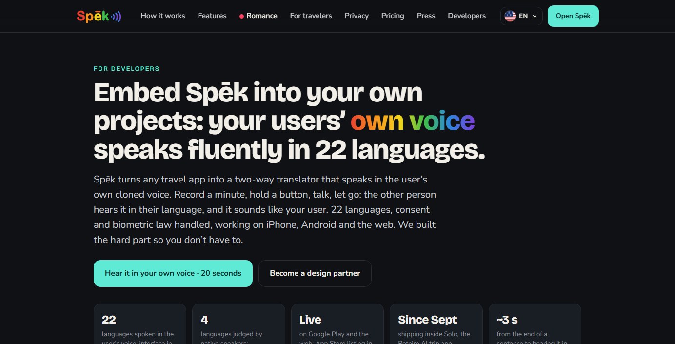 The Spēk developer page: Give your users their own voice, in 22 languages