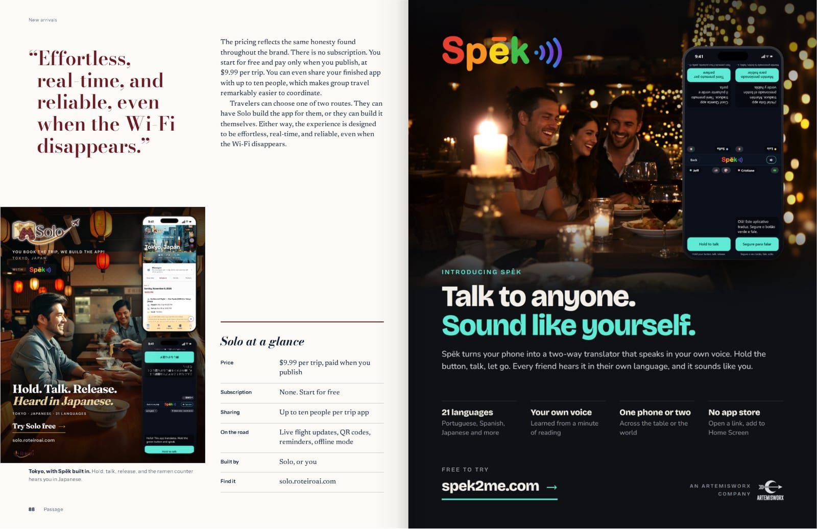 Passage magazine spread: Introducing Spēk — Talk to anyone. Sound like yourself.