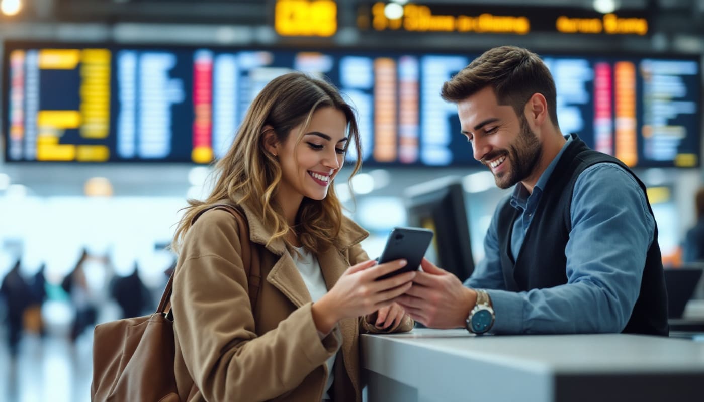 A traveler at an airport counter holds her phone out to the agent, who leans in to read it