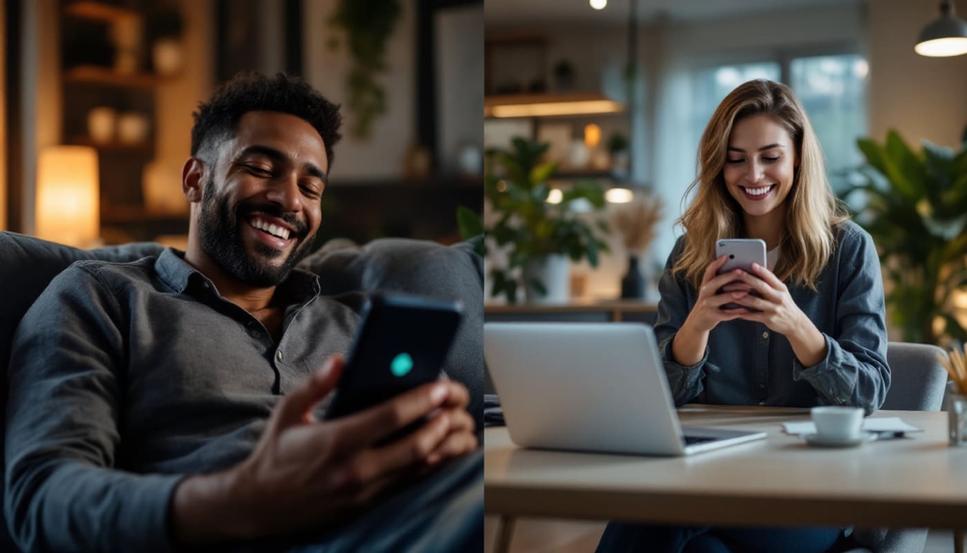 Two people in two places, one on a couch at home and one at an office desk, each smiling at their phone
