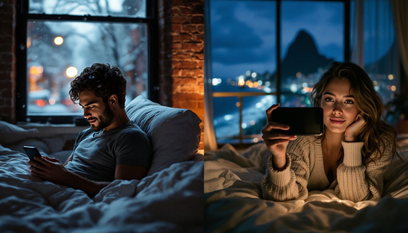 Two bedrooms, two countries: snow outside his brownstone window in Boston; Sugarloaf and the Copacabana lights behind her open balcony door in Rio
