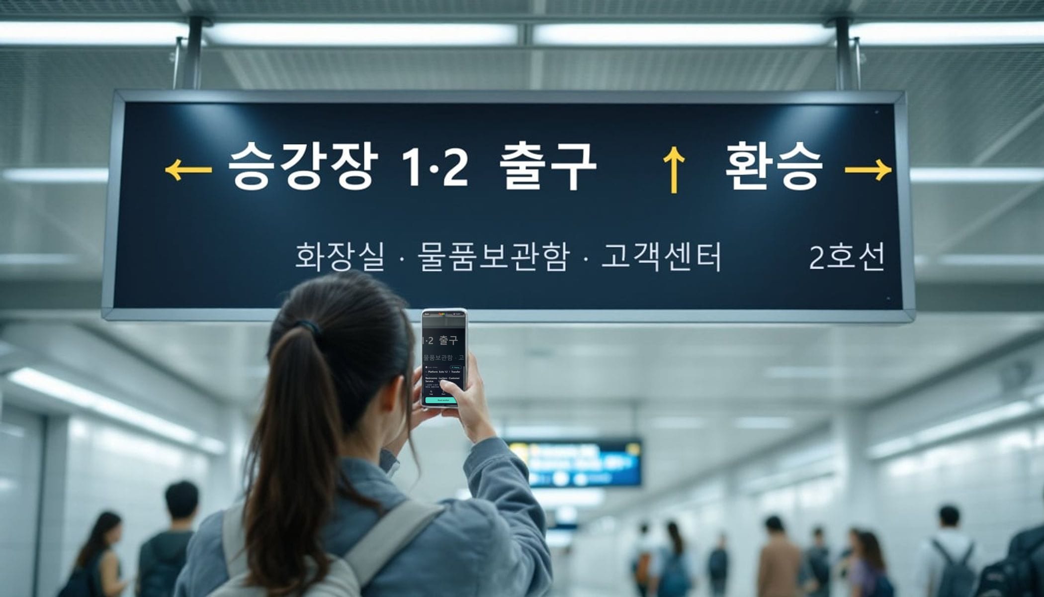 A traveler in a Seoul subway station holds her phone up toward an overhead sign in Korean to translate it