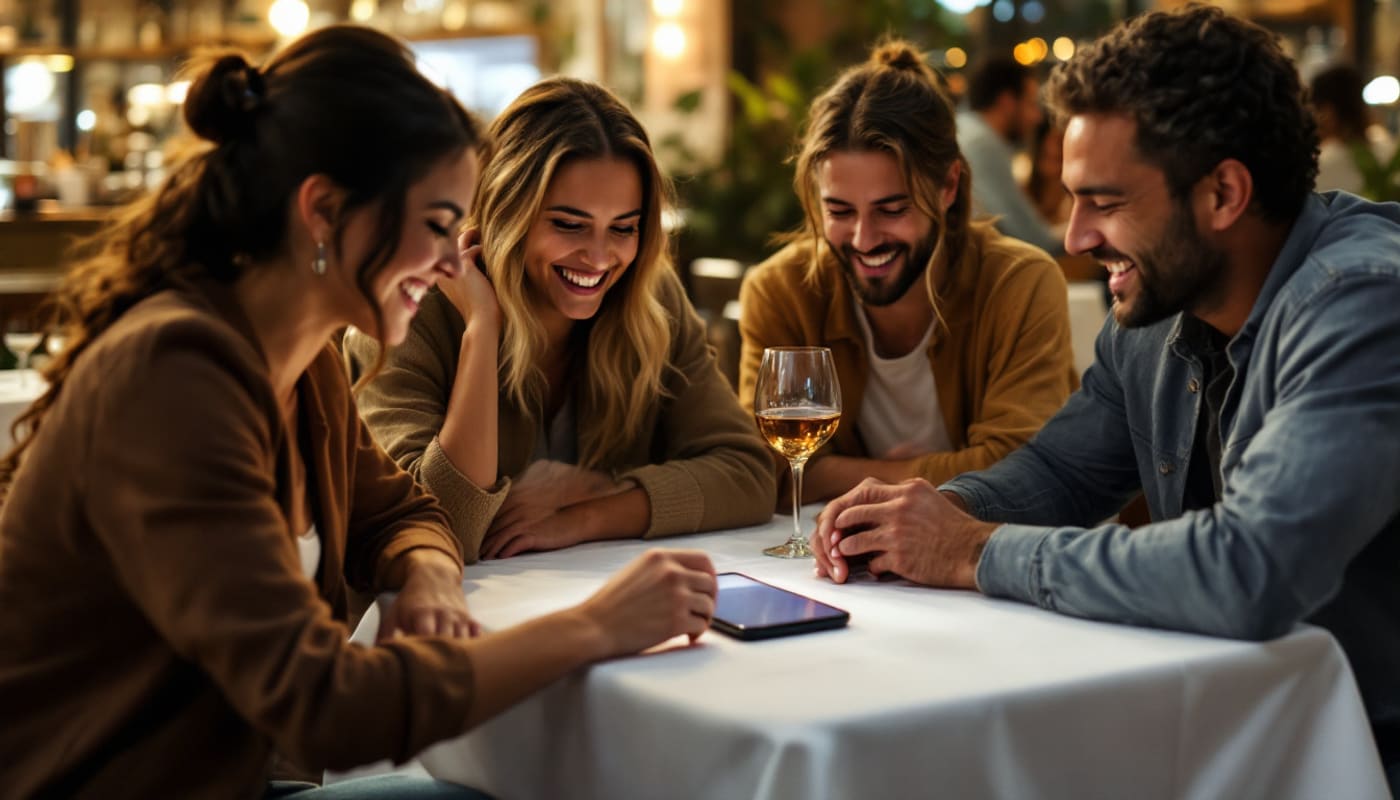 Four friends at a restaurant table laughing and looking at one phone in the middle