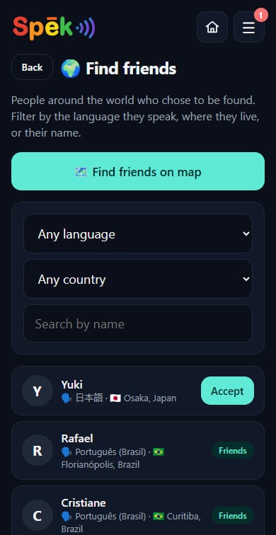 Find friends directory with language and country filters