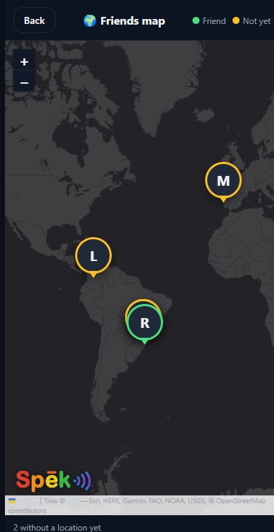 Friends map with pins in Colombia, Brazil and Portugal