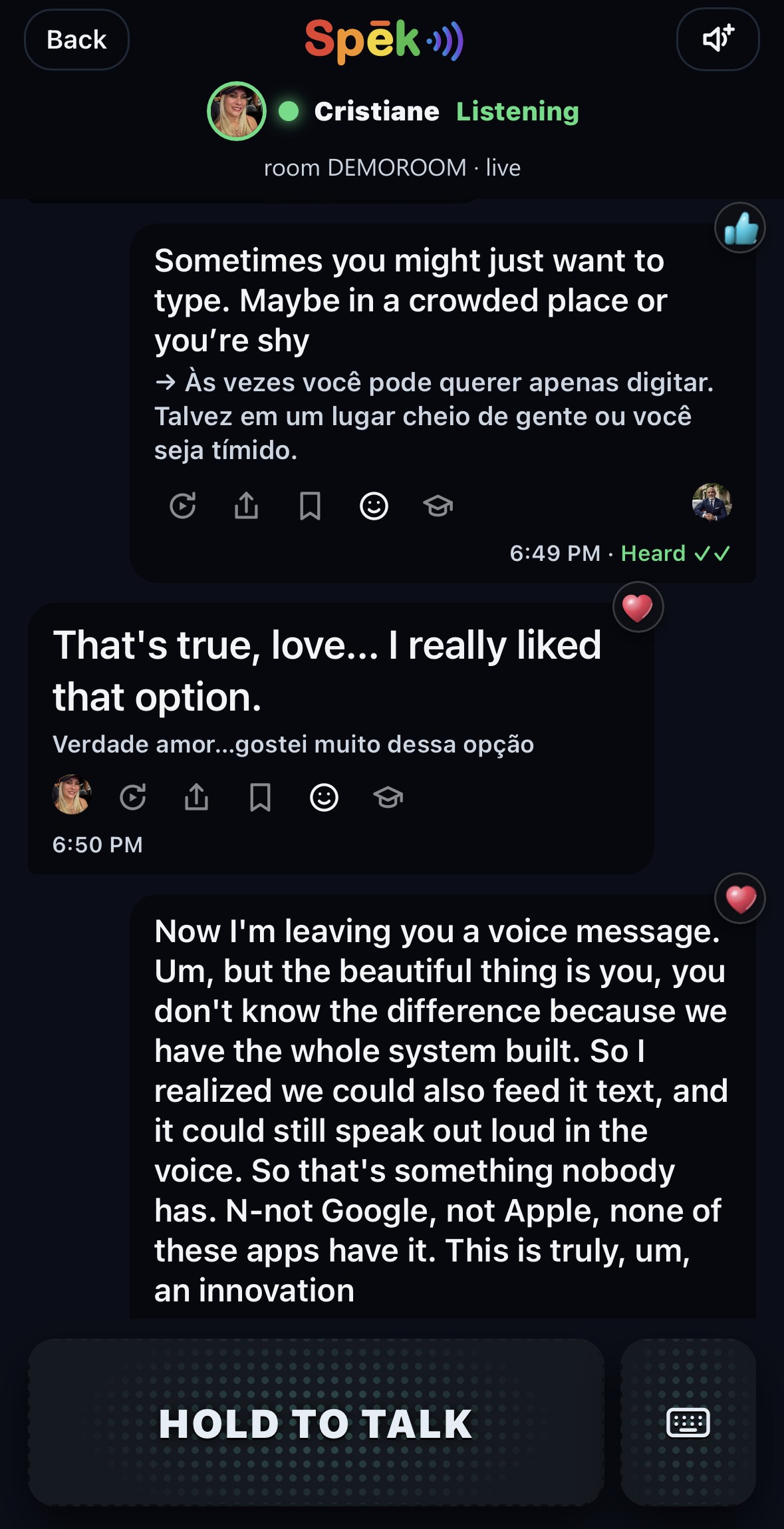 A real conversation between two phones: each message shown in English and Portuguese, with a reaction and a Heard receipt