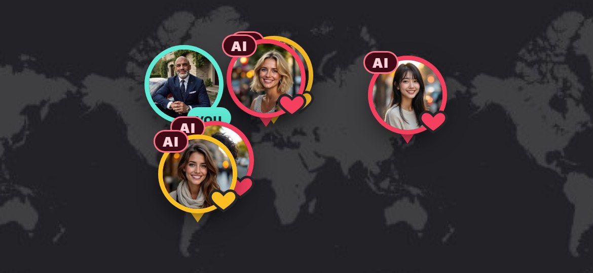 The Romance map: yellow hearts are open, red hearts are matches, AI companions are tagged