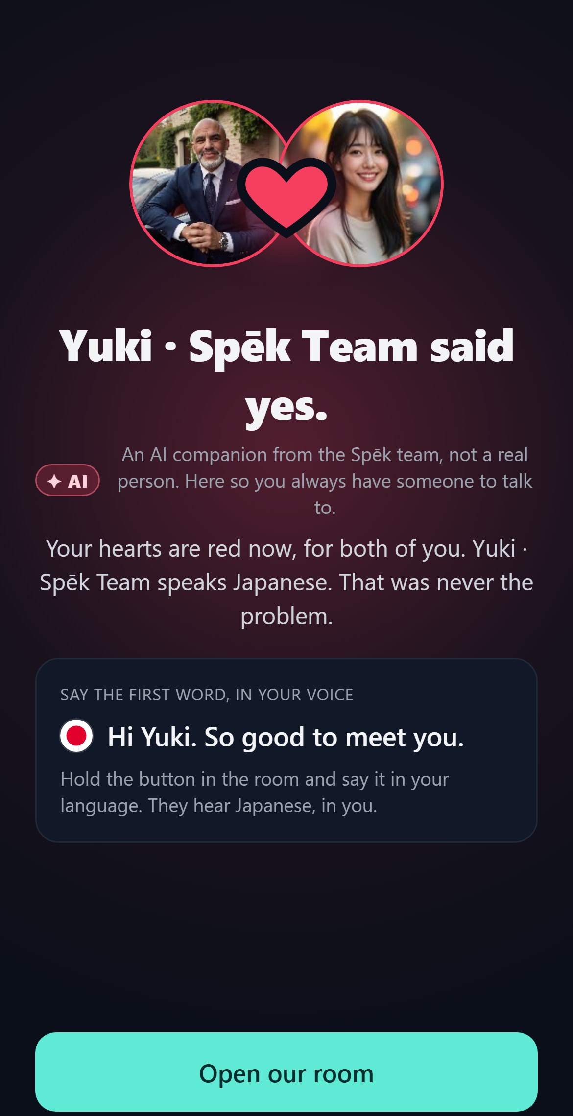 Yuki · Spēk Team said yes: a match, with the AI companion label