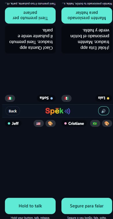 Table Talk: four people around one phone, each with a hold-to-talk button in their own language