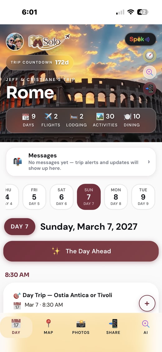 A Solo trip app for Rome with the Spēk button at the top of the action stack